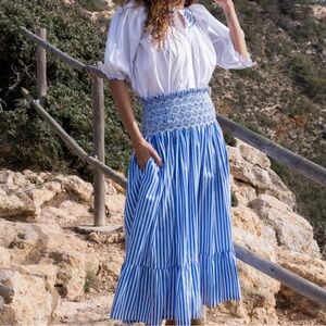 Smock London UK Women’s Nautical Blue Striped Hand Smocked Waist Maxi Skirt S M